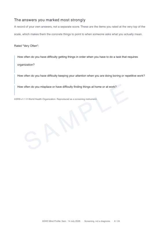Sample report page: The answers you marked most strongly