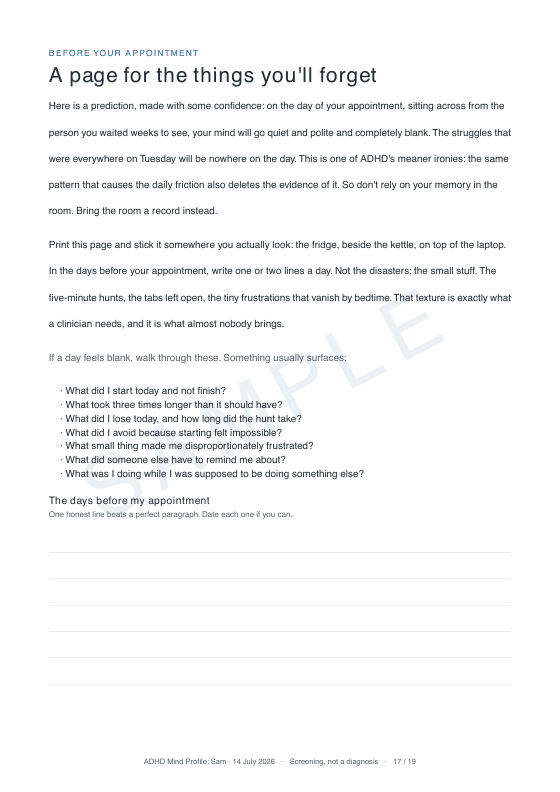 Sample report page: The pages for the things you'll forget