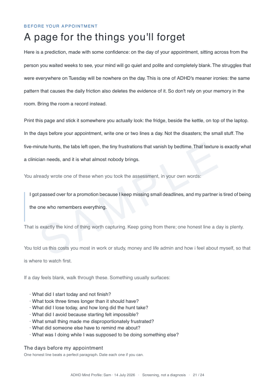 Sample report page: The pages for the things you'll forget