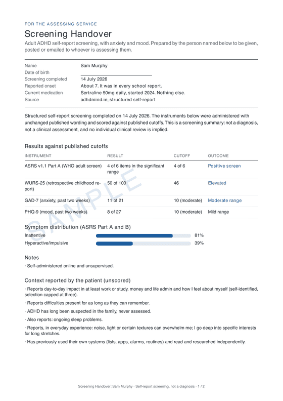 Fictional sample: Your Screening Handover