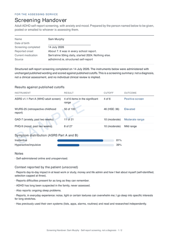 Fictional sample: Your Screening Handover