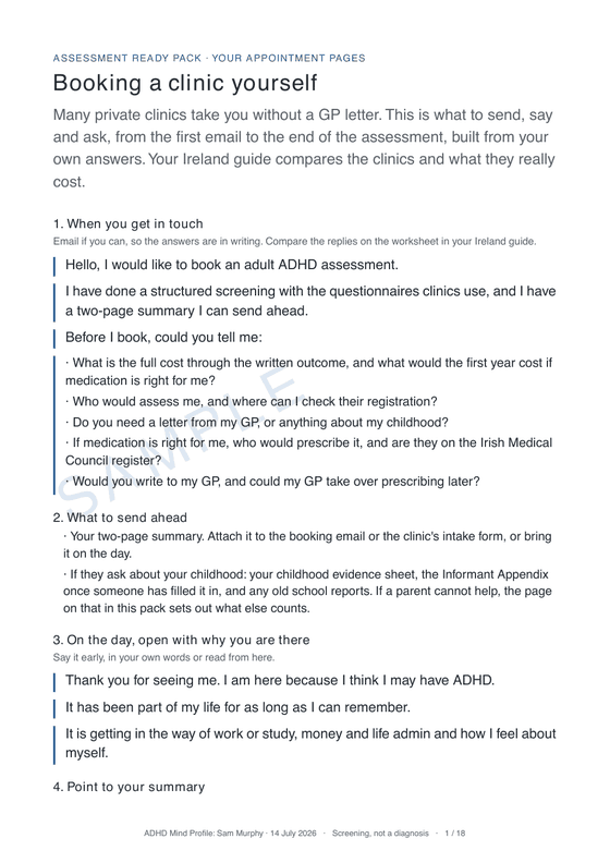 Sample page from the pack: what to say when you book a clinic yourself