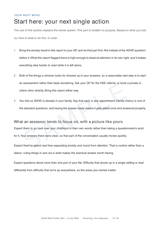 Sample report page: Start here: your next single action
