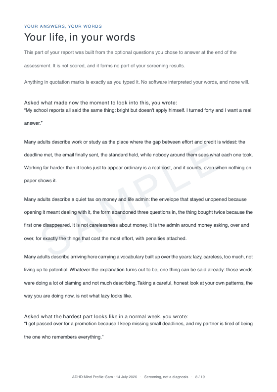Sample report page: Your life, in your words
