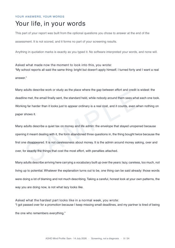 Sample report page: Your life, in your words